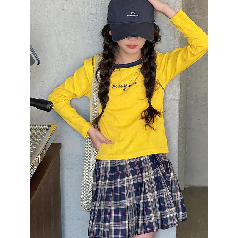 K28062花线女童长袖T恤春装新款2025儿童短款上衣春秋衣服打底衫t
