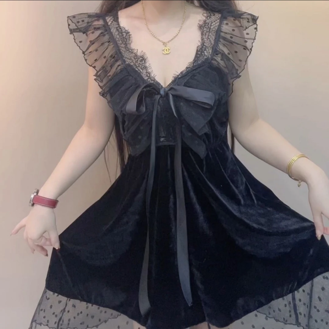 轻奢性感法式宫廷风蕾丝网纱拼接丝绒吊带睡裙纯欲家居服套装