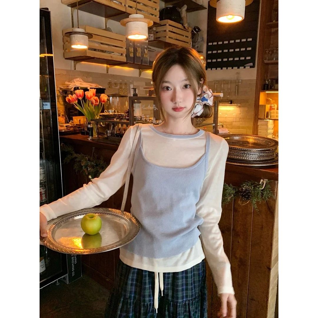 韩系糖果色慵懒风套装甜美减龄叠穿撞色上衣+吊带背心612613#0.1