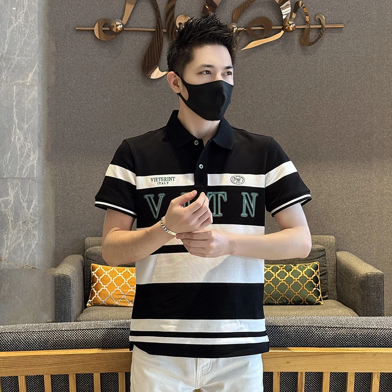 2025夏季拼色条纹男士翻领字母撞色轻奢时尚polo衫个性帅气男款