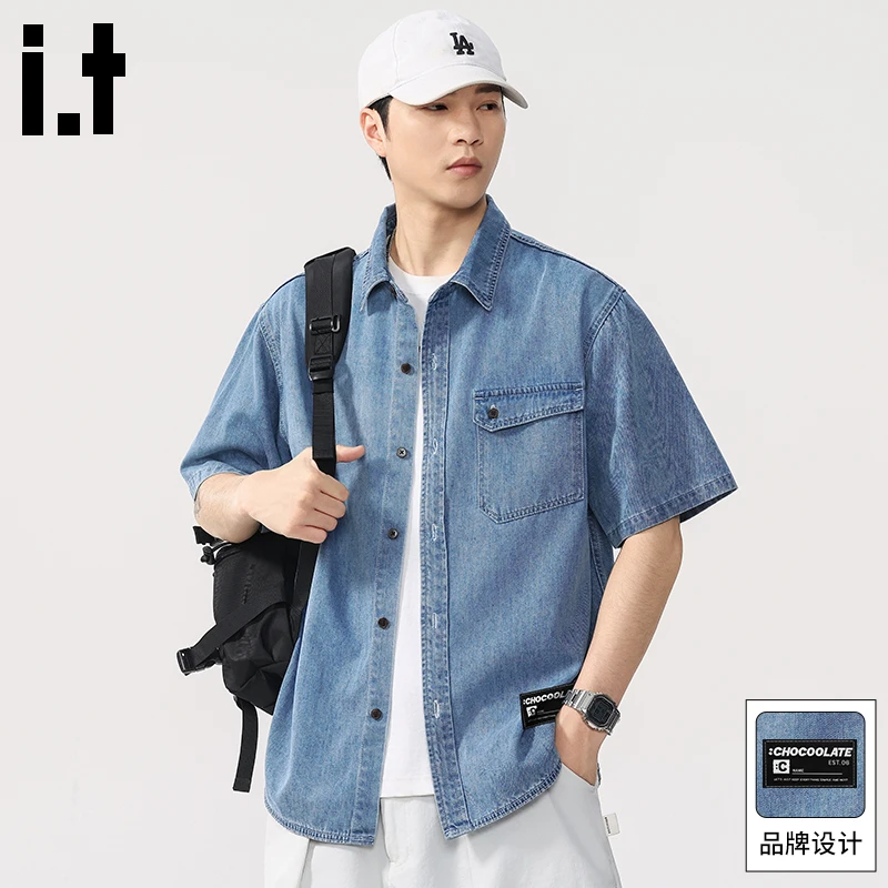 it :CHOCOOLATE男士短袖衬衫夏季新款日系复古宽松翻领休闲衬衣潮