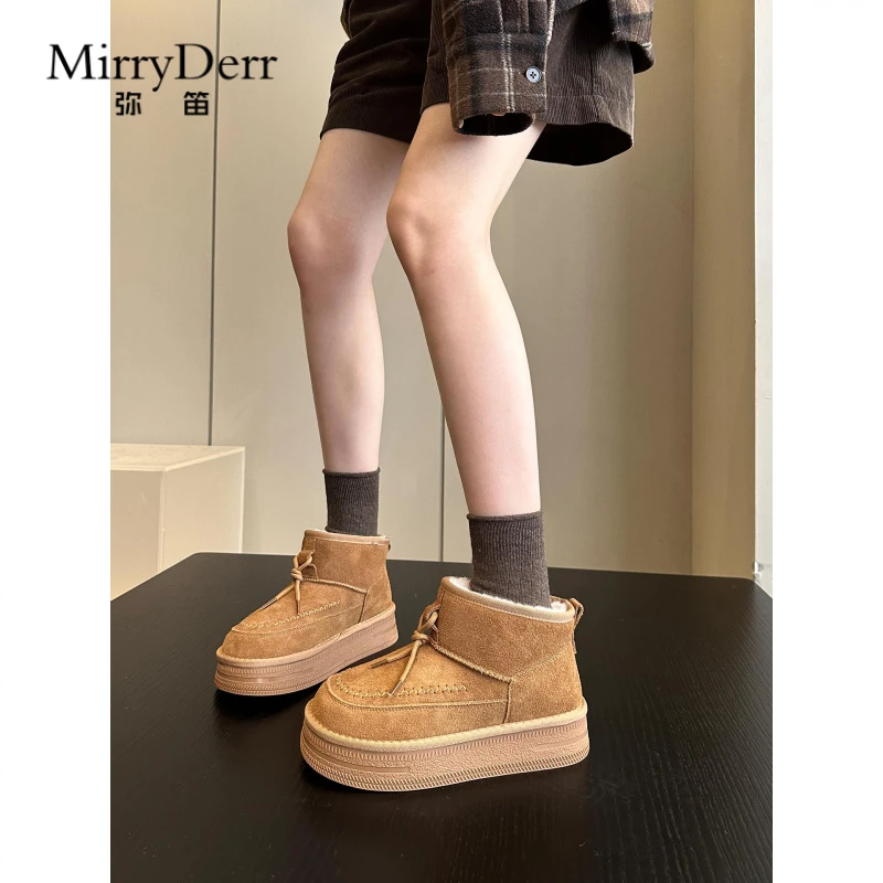 冬季甜酷短靴小众设计牛皮加绒短筒厚底雪地靴女棉靴东北大棉鞋