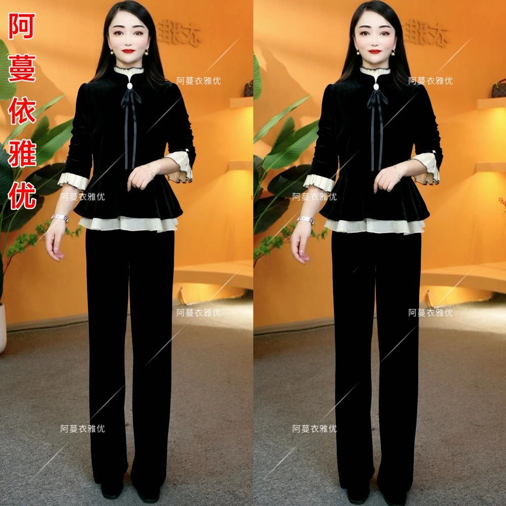 【衣雅严选】8102-1314#新款重磅植绒法式减龄气质上衣加裤子套装