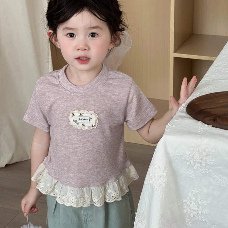 女童夏季套装女宝宝紫色花边公主短袖T恤甜美韩系薄款牛仔休闲裤