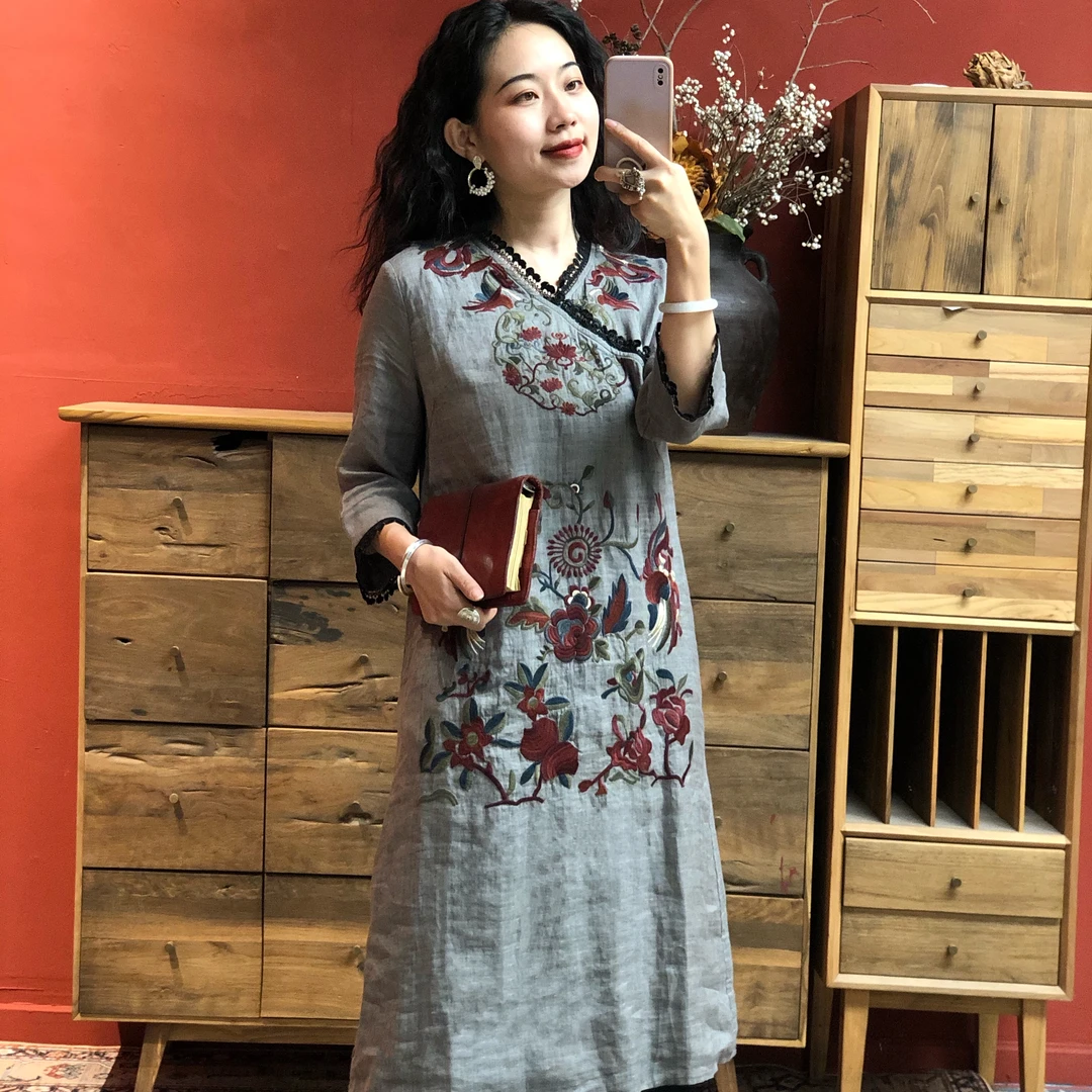 【羊在在】国风民族风春夏新品重工刺绣宽松V领连衣裙L038