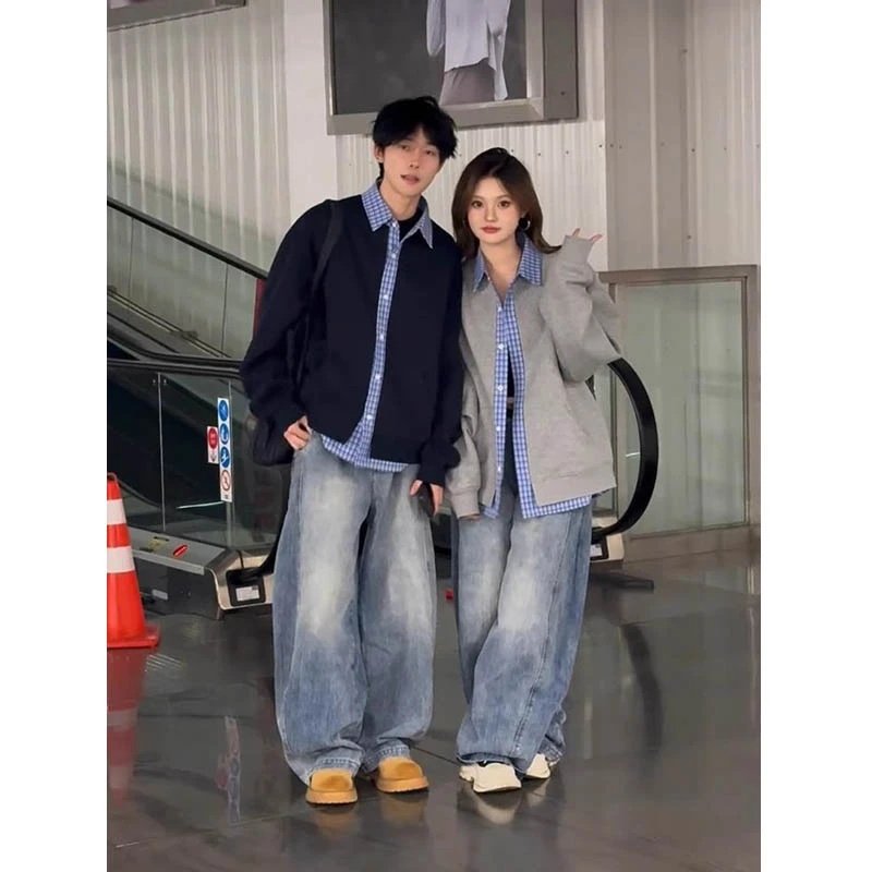 假两件开衫卫衣外套男款春情侣装男生ootd穿搭格子拼接夹克棒球服