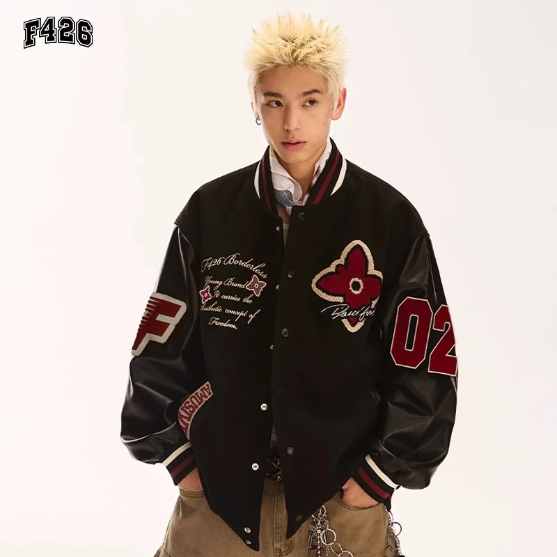 F426潮牌秋季宽松情侣飞行员休闲刺绣毛巾绣毛呢棒球服夹克0045