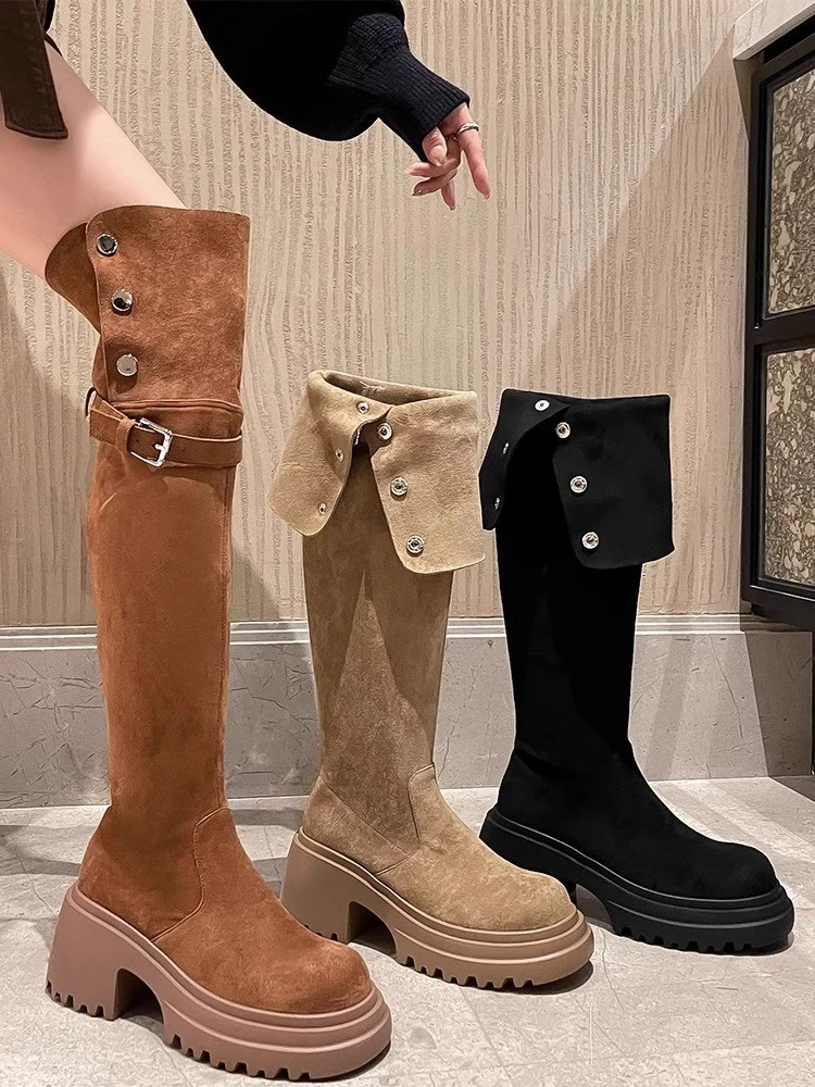 【巨显高】7cm两穿翻折过膝长靴女粗跟厚底7cm显瘦高筒骑士靴女弹力