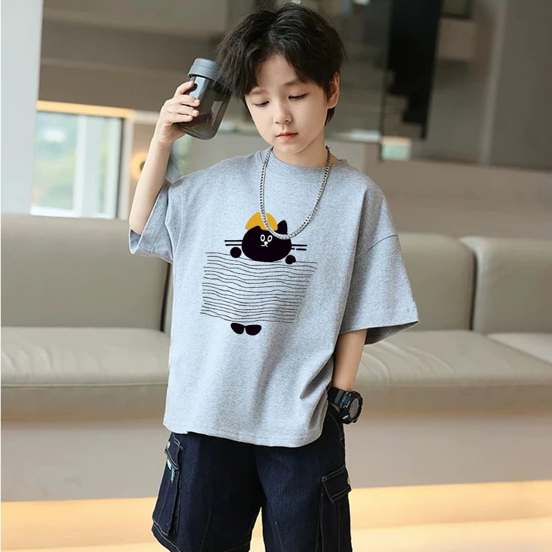 T恤休闲圆领T恤宽松印花男童日常落肩袖短袖潮流夏季帅气潮童儿童