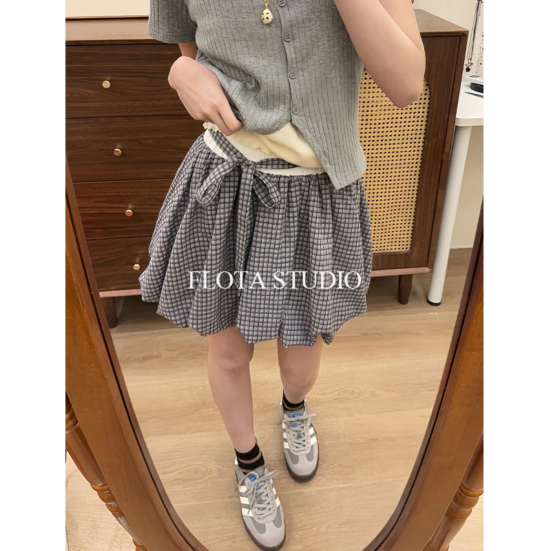 【flota】韩系蓝格纹蓬蓬花苞裙蝴蝶结绑带别致原创设计百搭0094
