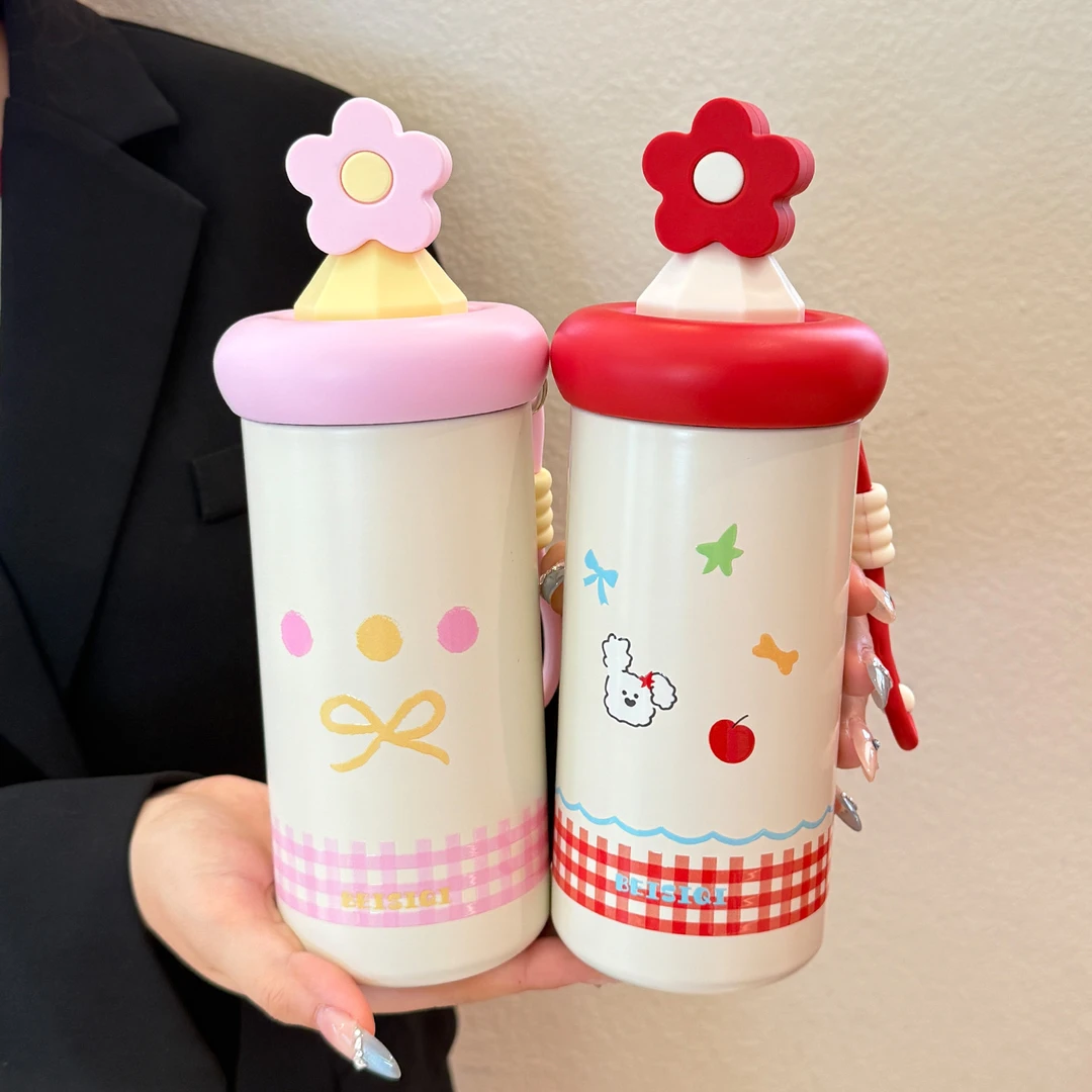 花朵保温杯女生2025新款高颜值吸管杯子学生上学专用可爱儿童水杯