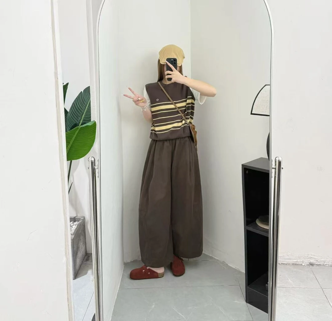 2025秋季新款韩系气质撞色拼接短袖假两件针织衫阔腿裤两件套装