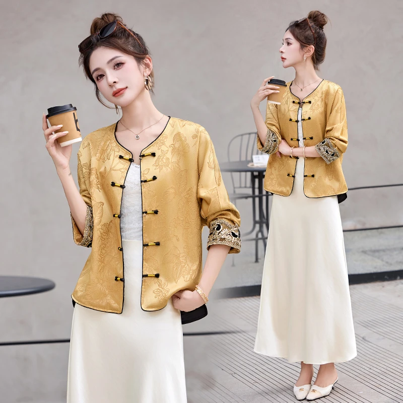 新中式国风提花外套女2025年秋季新款高级感气质复古盘扣短款上衣