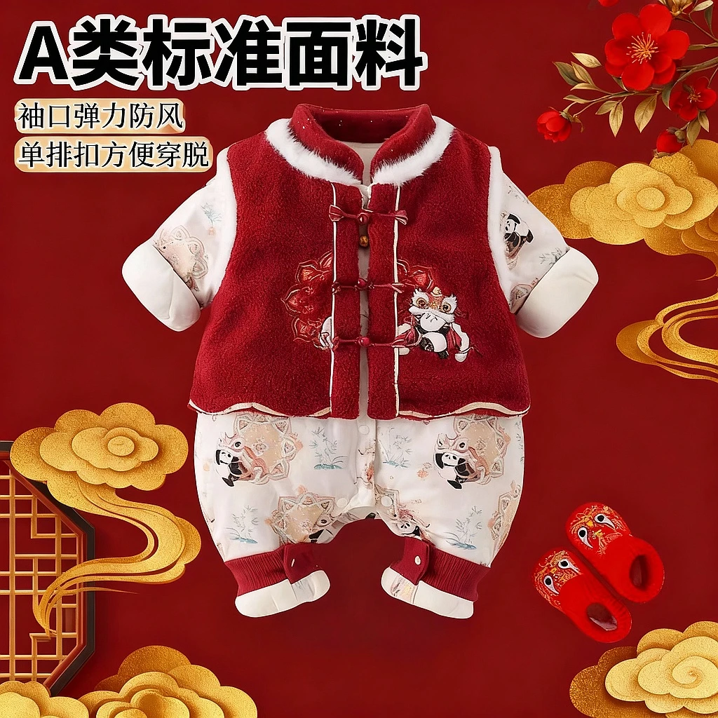 新生儿拜年婴儿爬服冬装婴幼儿宝宝连体衣套装中国新年周岁哈衣