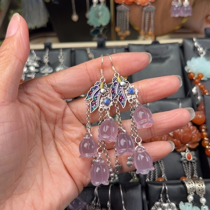 喜***香蛇纹石玉银S925镶嵌耳饰