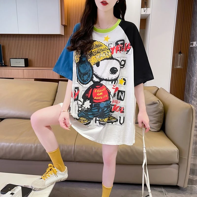 夏季大码短袖T恤女韩版时尚ins宽松百搭设计感休闲卡通纯棉打底衫