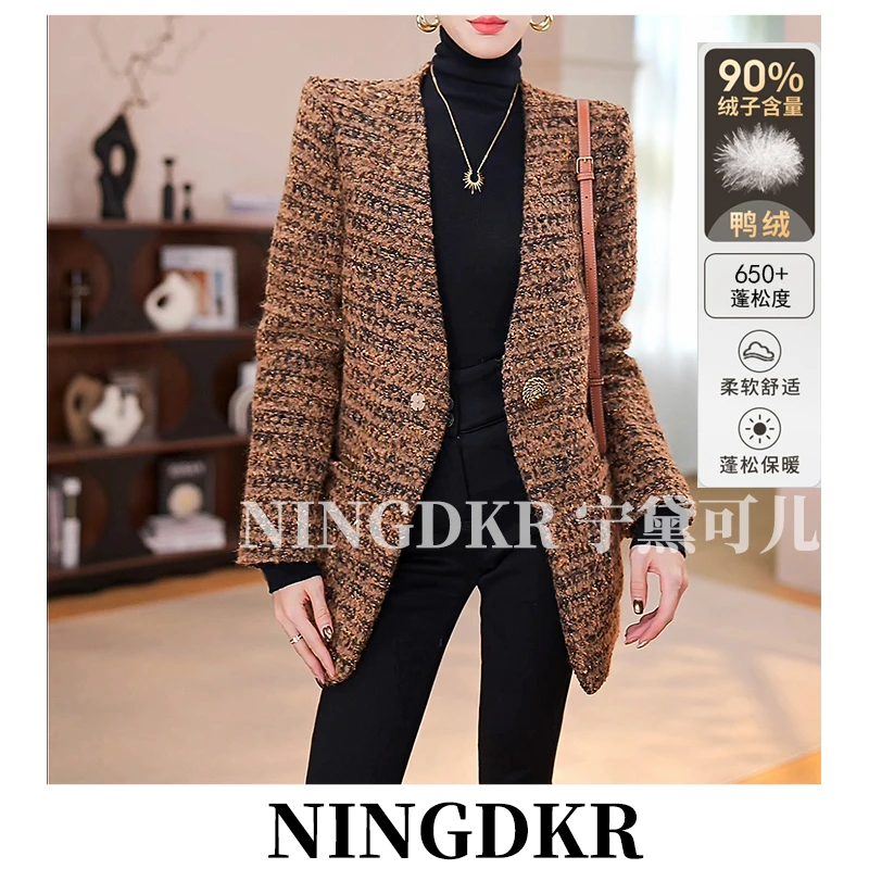 圳B41360【羽绒服白鸭绒】宁黛可儿金线交织羊毛粗花呢小香风外套女