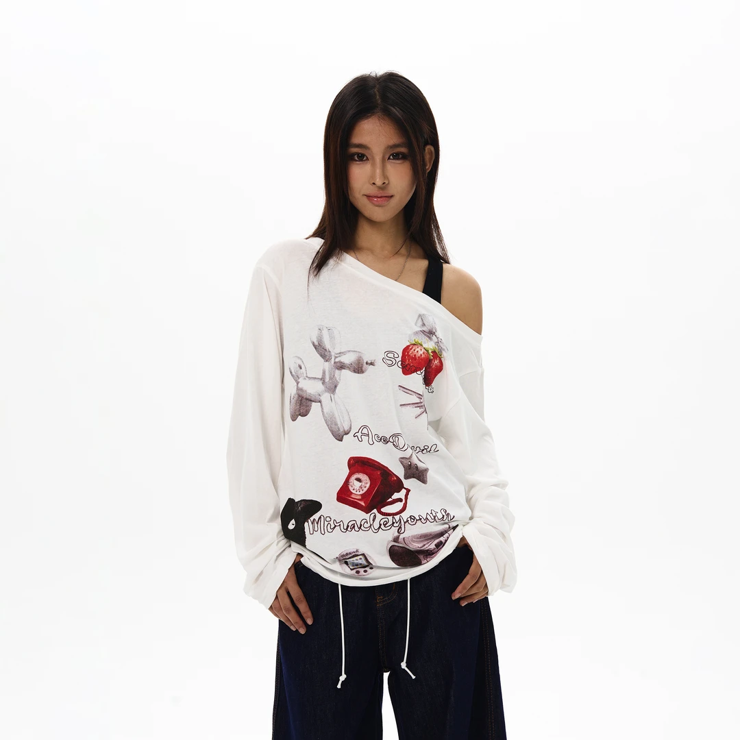 Biraghi美式复古双面穿趣味印花薄款防晒长袖T恤女斜肩宽松上衣潮