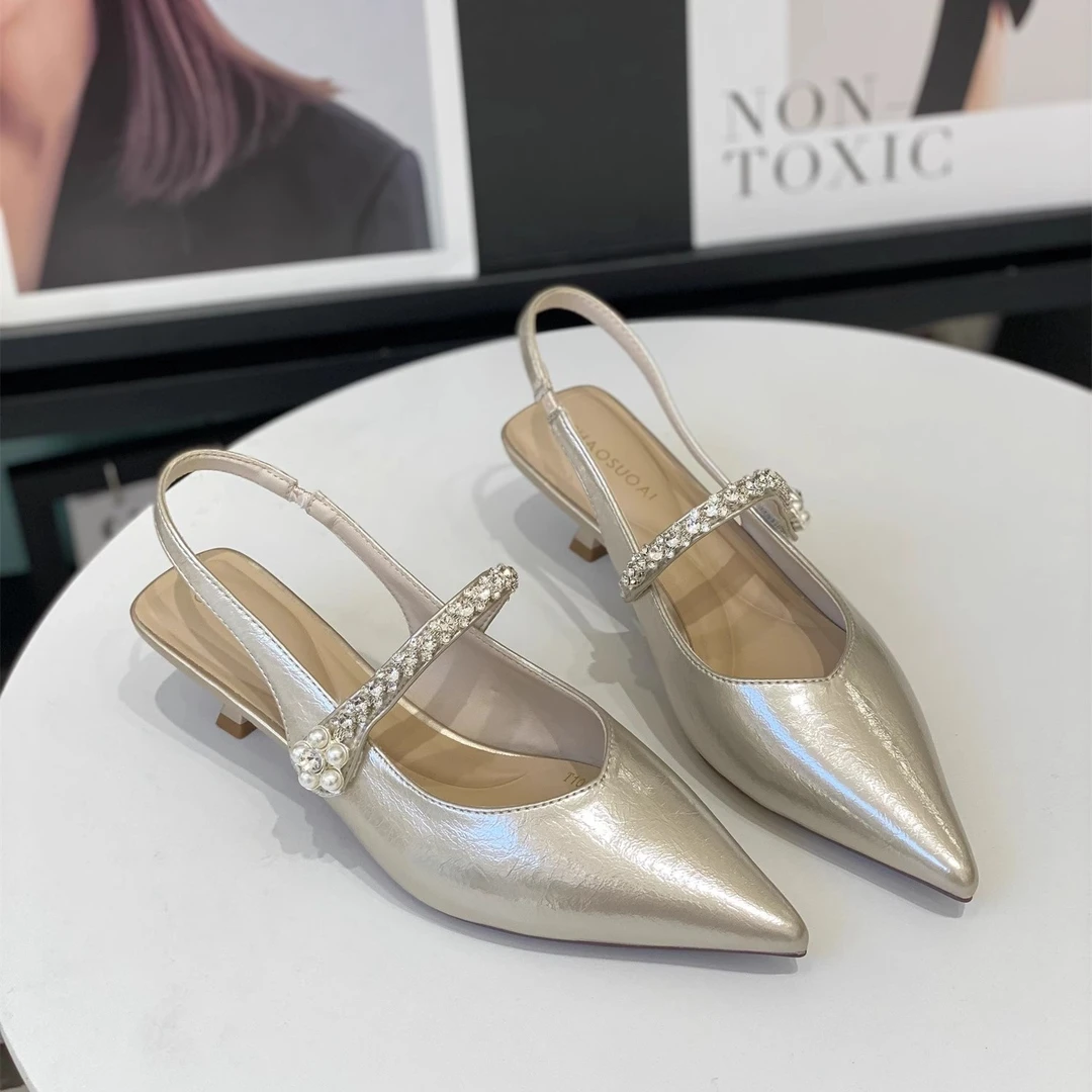 法式小高跟凉鞋法式水钻带浅口细跟包头凉鞋女2025夏季新款气质尖