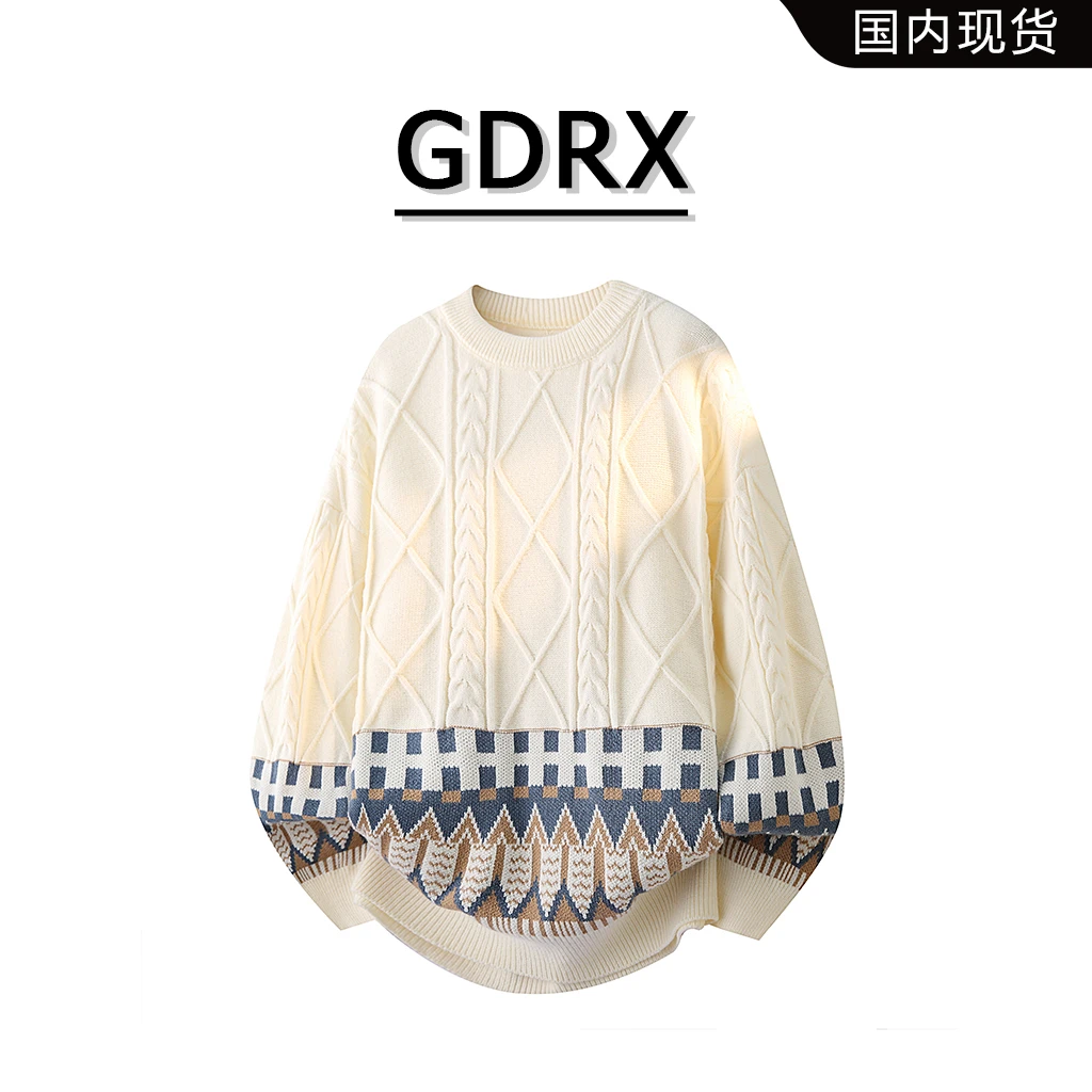 GDRX民族风针织衫男秋冬新款几何肌理感撞色毛衣高级感男生衣服