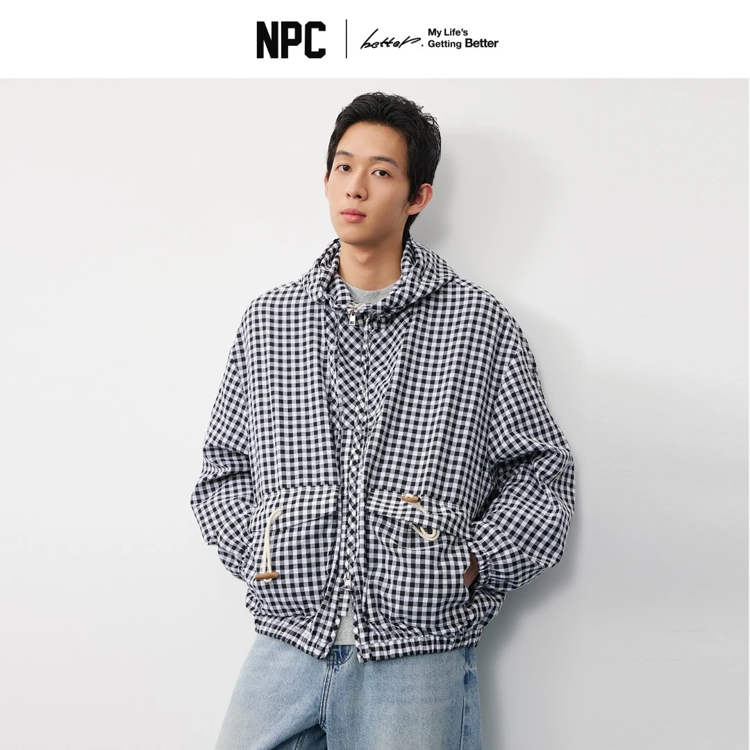 NPC潮牌大口袋格纹连帽拉链开衫休闲夹克男高智风宽松NP58TJ19