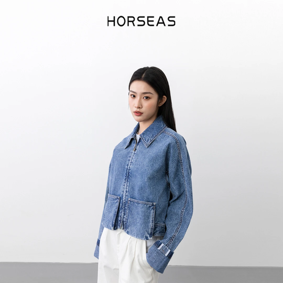 THE HORSEAS/海边的马汉麻棉混纺经典翻领短箱型靛蓝色牛仔外套