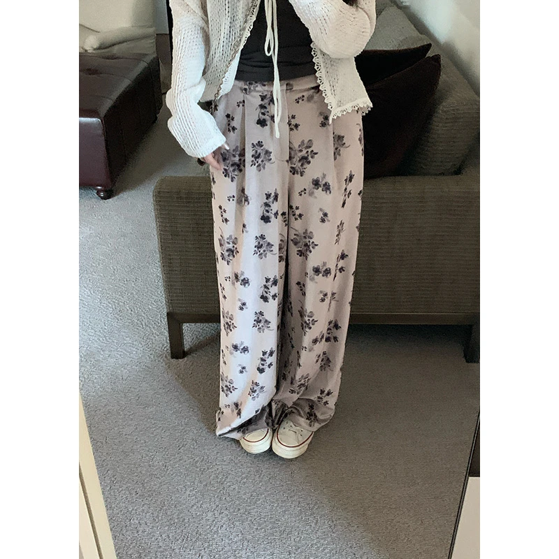 王少女的店【清清】灰色印花直筒休闲裤 K24479S43