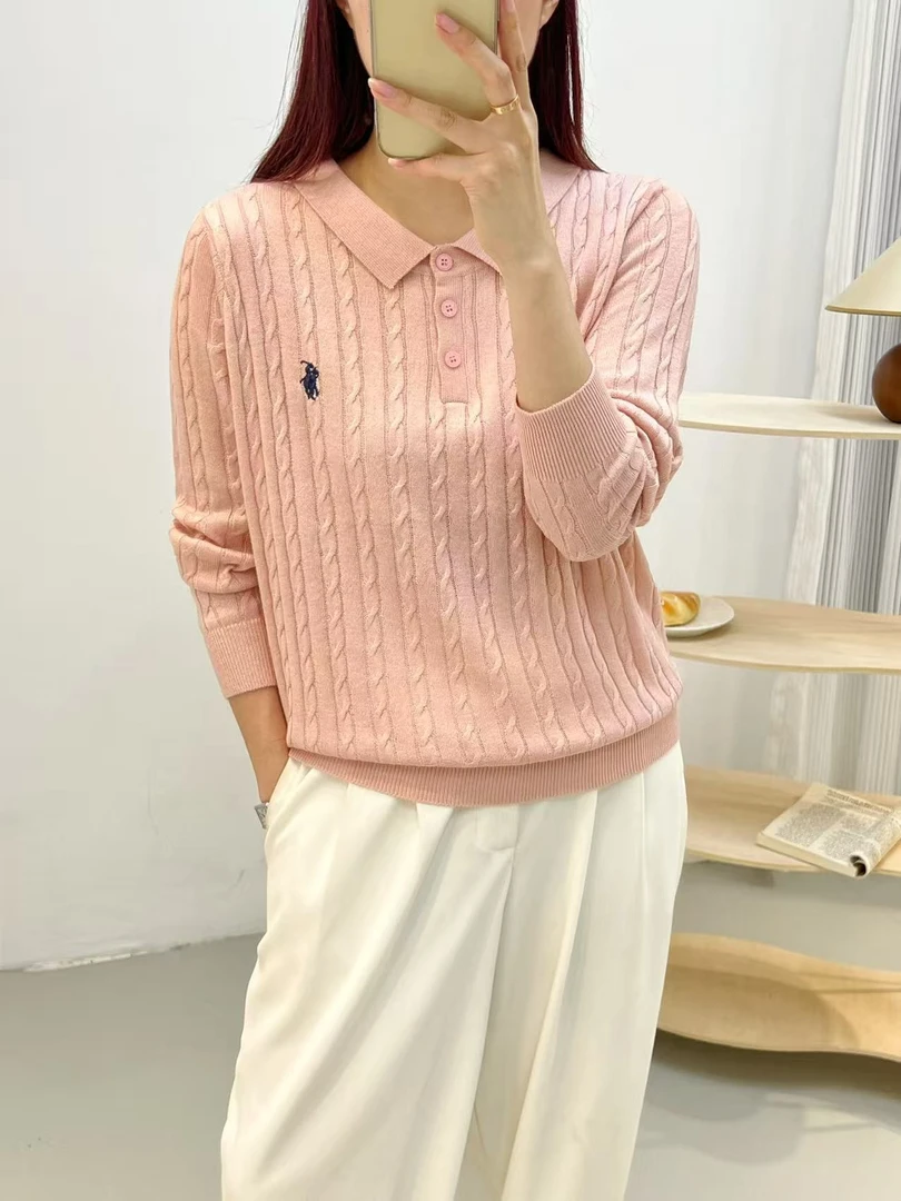 （战马长袖）Polo粉色麻花刺绣长袖显瘦针织衫962