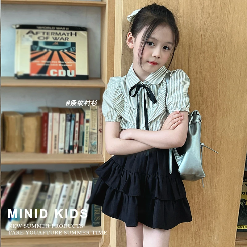 mini旦童装女童和学院风条纹衬衫夏季新款小众风气质儿童短袖上衣