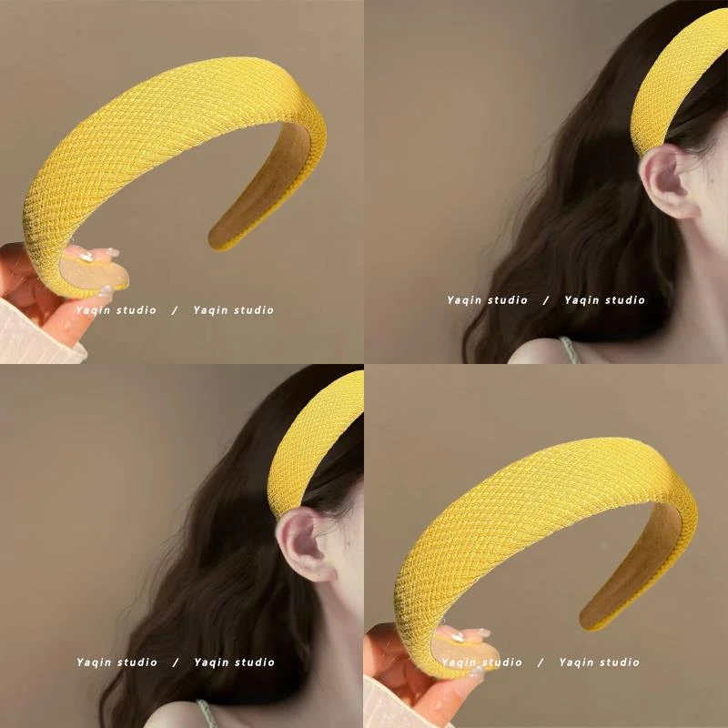 稻谷黄~奶黄色格纹高颅顶发箍女2025海绵头箍发卡洗脸压发捆夏