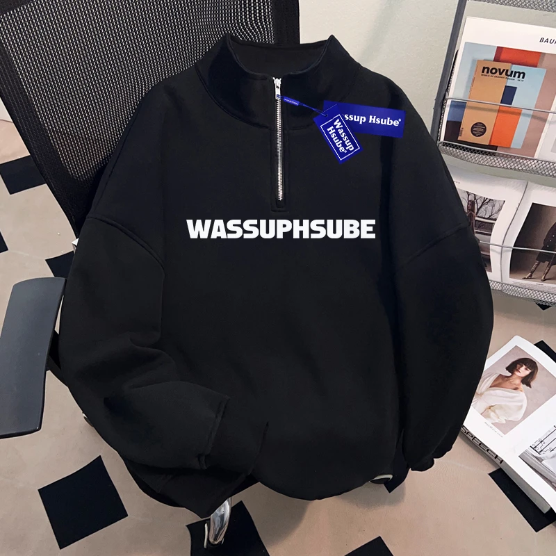 WASSUP HSUBE美式复古印花英文半拉链立领卫衣棒球服秋冬男女上衣
