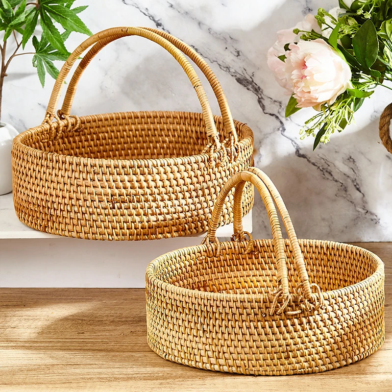 越南秋藤编水果篮家用椭圆手提收纳篮鲜花菜篮子编织篮筐竹篮A否