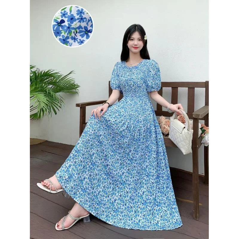 印花长裙圆领碎花常规夏季连衣裙复古气质甜辣风痞帅