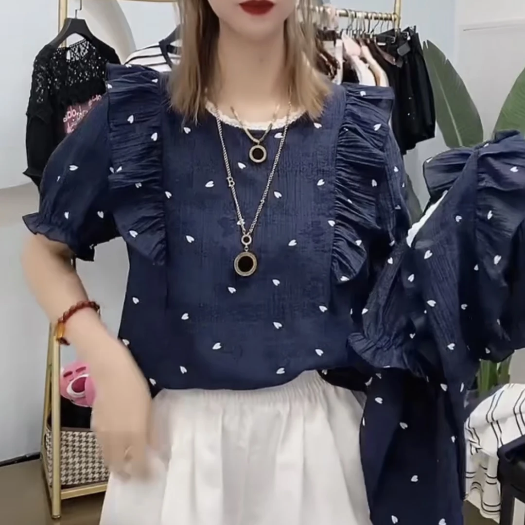 韩系风木耳边拼接宽松显瘦碎花漂亮女士小衫上衣5206