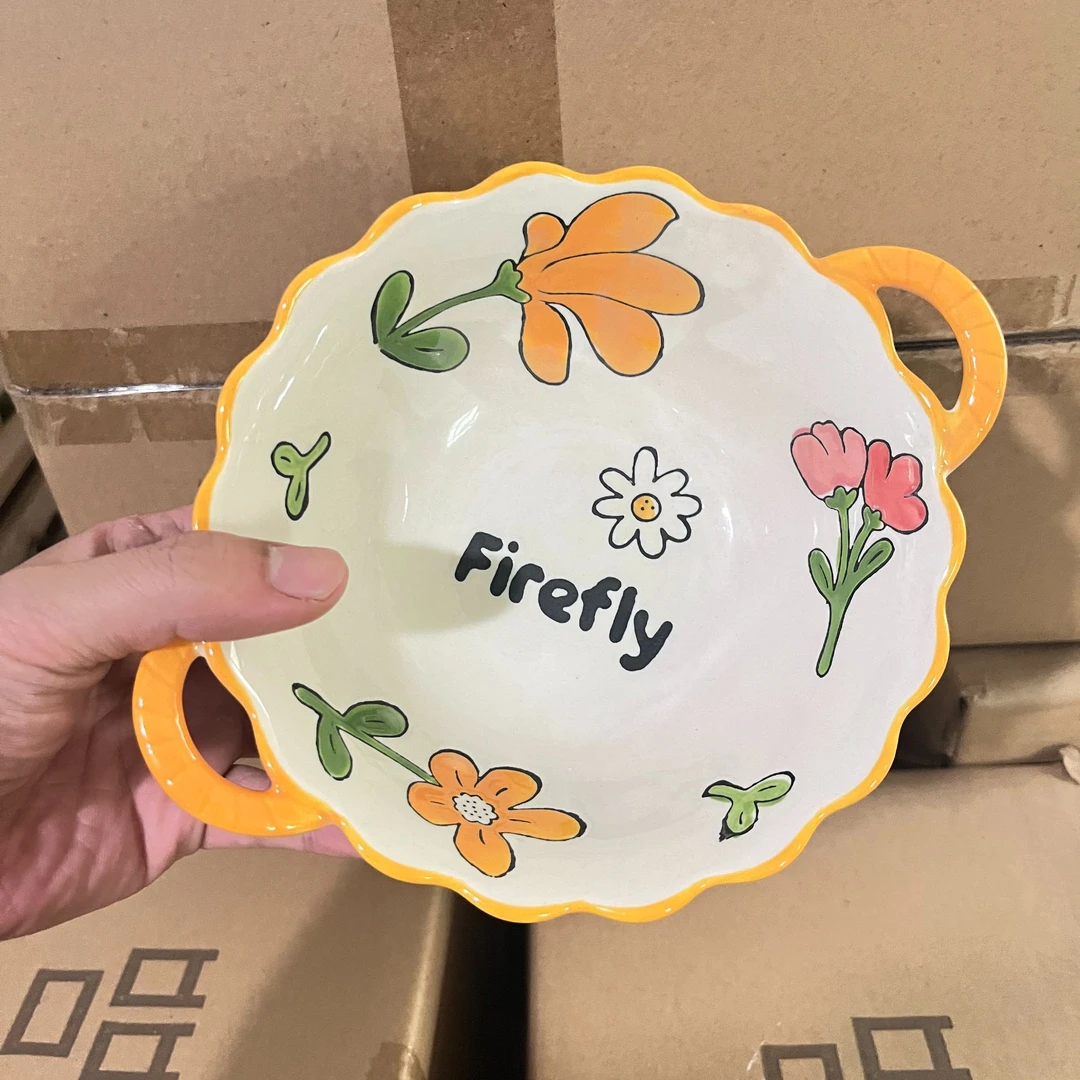 宥昌陶瓷 小林专享链接 橙意满满双耳6.5寸汤碗/双耳花边汤碗6.5