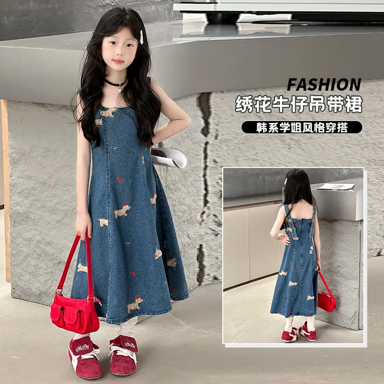 女童夏季连衣裙2025新款洋气中大童时尚设计感卡通小狗牛仔裙潮