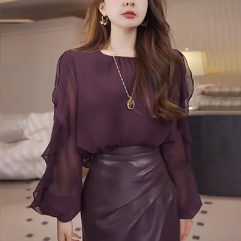 2025秋季新款女紫色长袖衬衫洋气减龄宽松显瘦设计感木耳边上衣