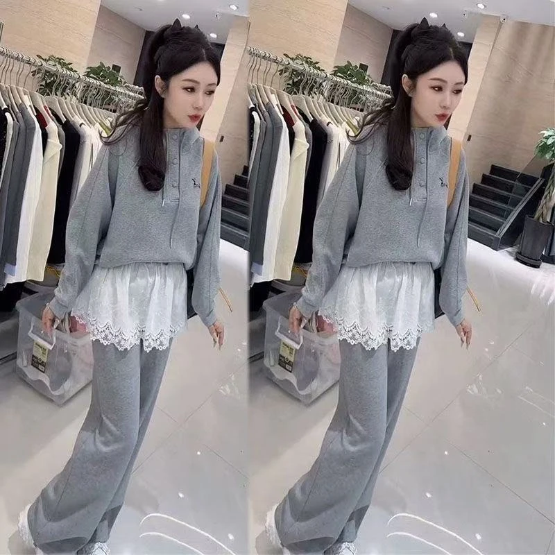 欧货休闲时尚套装女2025春季盐甜系连帽开领卫衣蕾丝裤裙两件套O