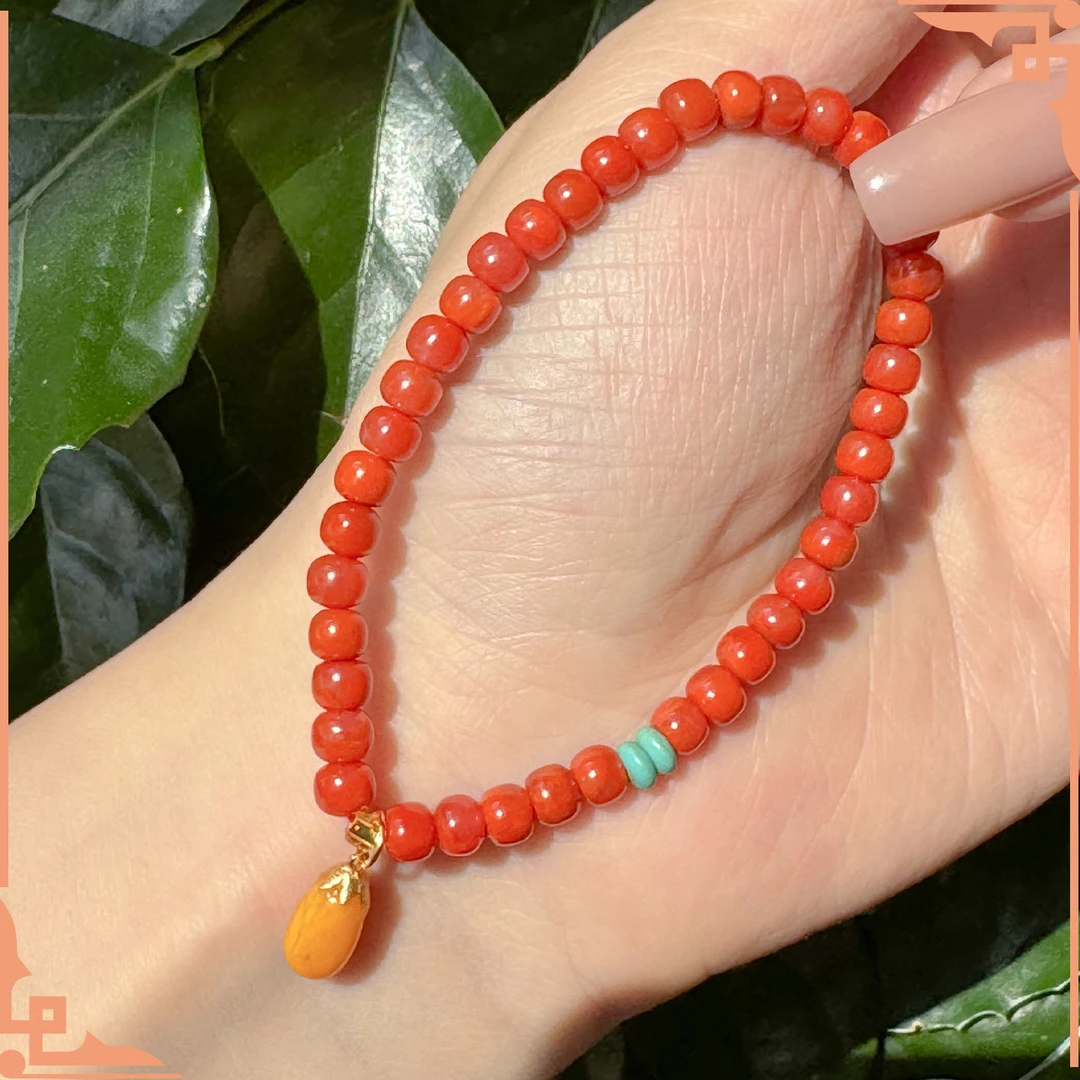 【铭奢精品】南红柿子红老型珠925银配蜜蜡手串-多样性发货发其一