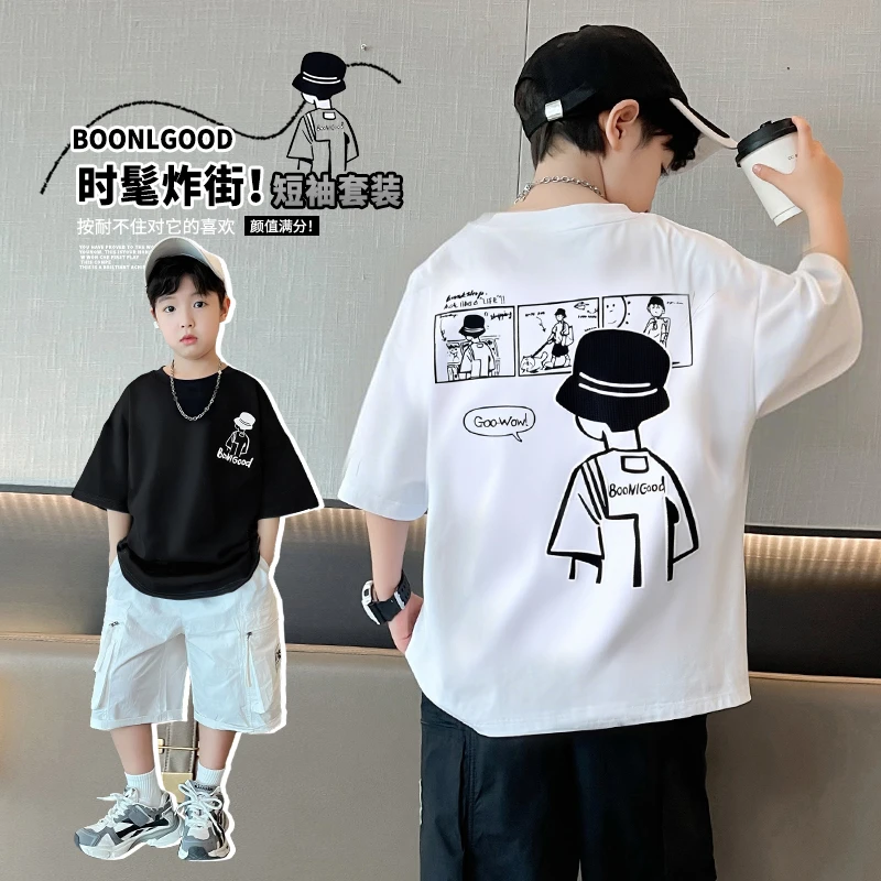男童短袖套装夏季新款儿童T恤短裤新款2025爆款帅气潮牌童装6-12