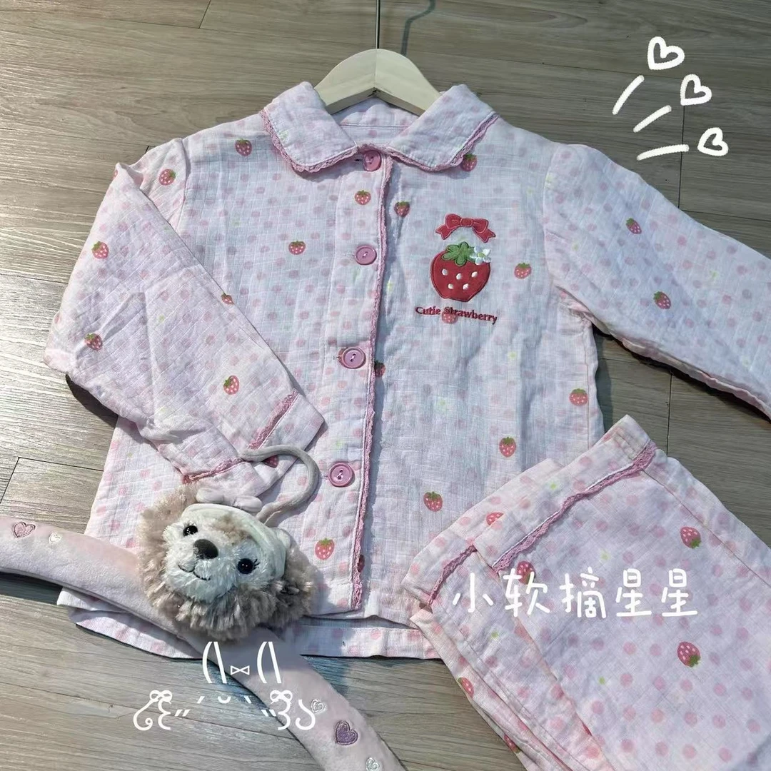 草莓蝴蝶结睡衣草莓印花棉纱材质两件套