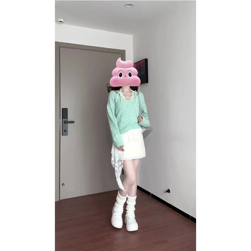 开春韩系穿搭一整套薄荷绿蝴蝶结挂脖毛衣两件套设计感针织衫套装