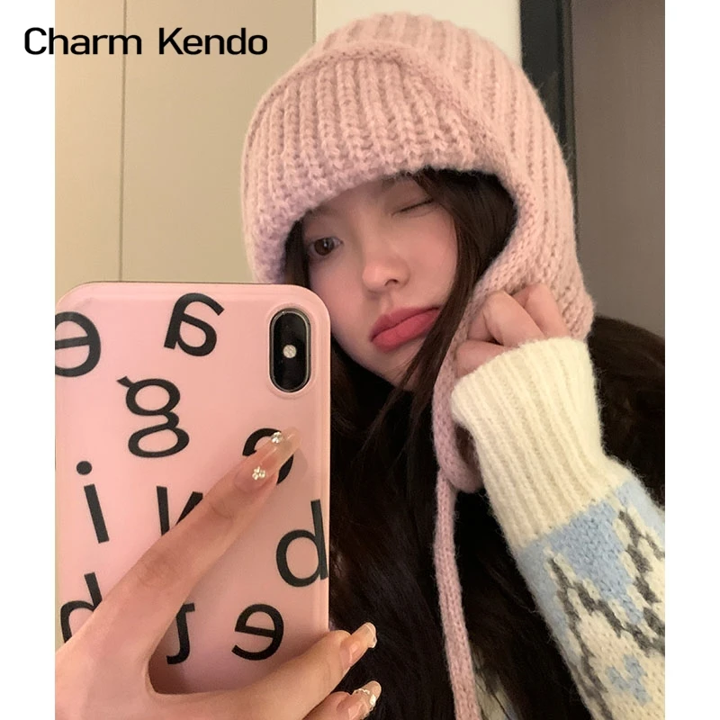 Charm Kendo帽子女2025新款秋冬拉法百搭显脸小粉色保暖毛线护耳