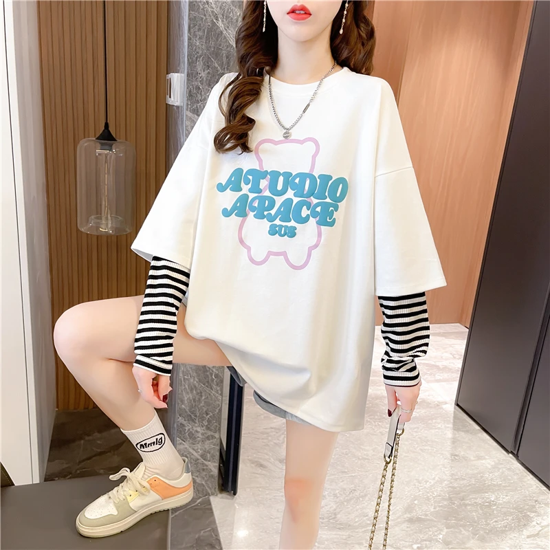 女大童假两件上衣t恤长袖春秋装2025年新款学生宽松设计感上衣服