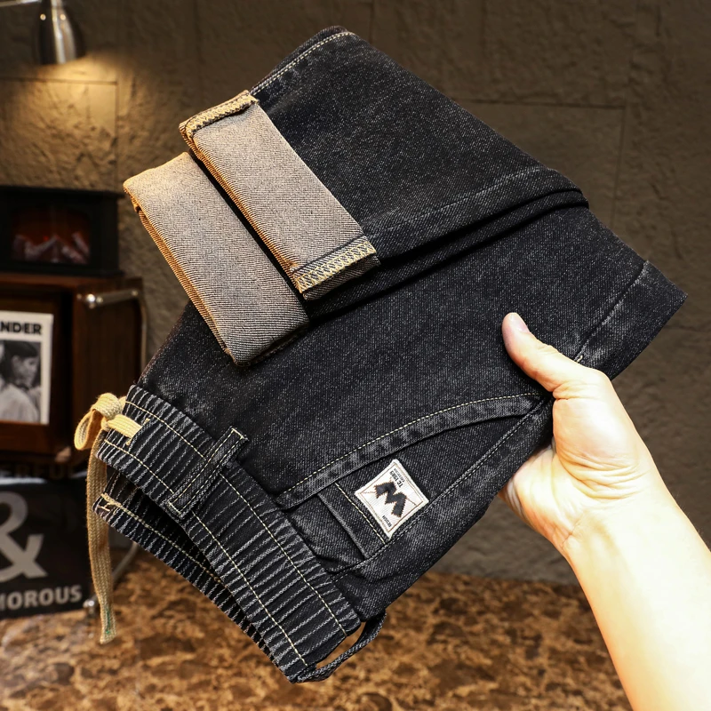 秋季新款弹力系绳松紧腰牛仔裤男款锥形宽松直筒休闲哈伦裤子男裤