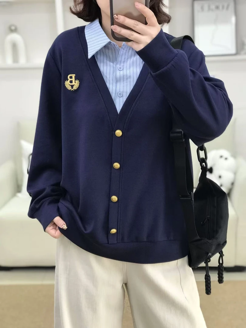 {莹莹推荐}秋季大码女装假两件学院减龄衬衫