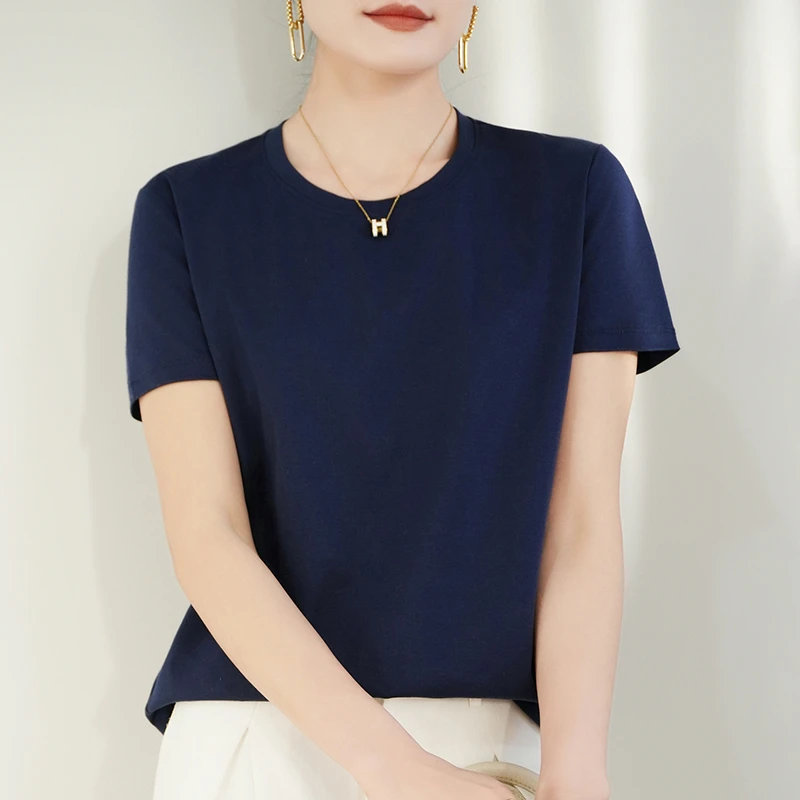 凉感丝光棉圆领短袖T恤女纯棉宽松显瘦正肩半袖
