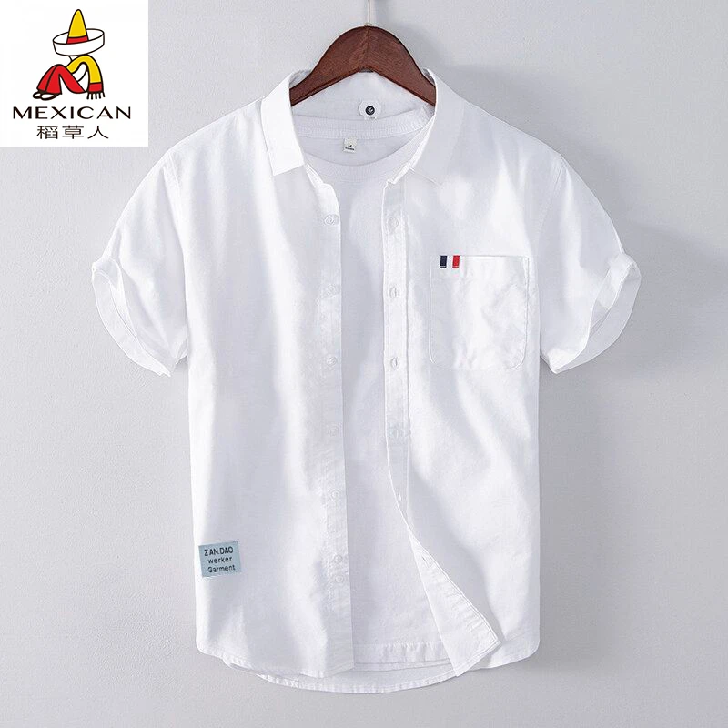 稻草人100%纯棉短袖衬衫男夏季日系商务休闲青年薄款百搭上班衬衣