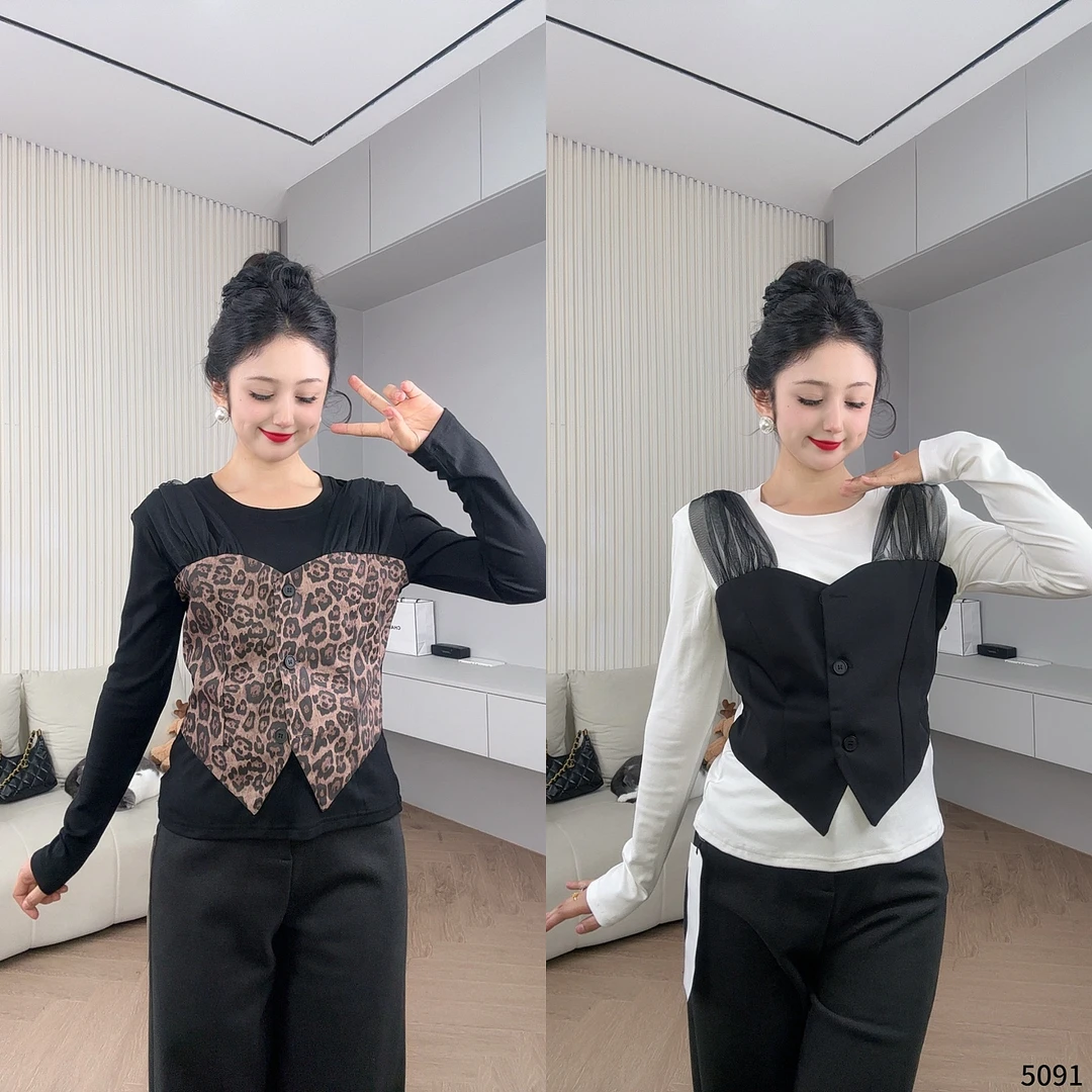 千金风修身短款时尚T恤常规拼接女不规则静奢风上衣YF5091