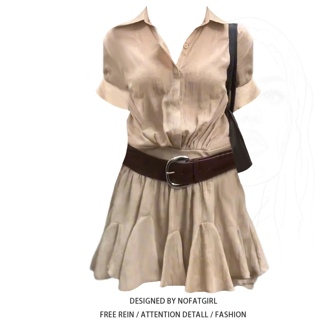 大码胖MM复古翻领衬衫连衣裙女夏2025新款收腰显瘦减龄气质短裙女